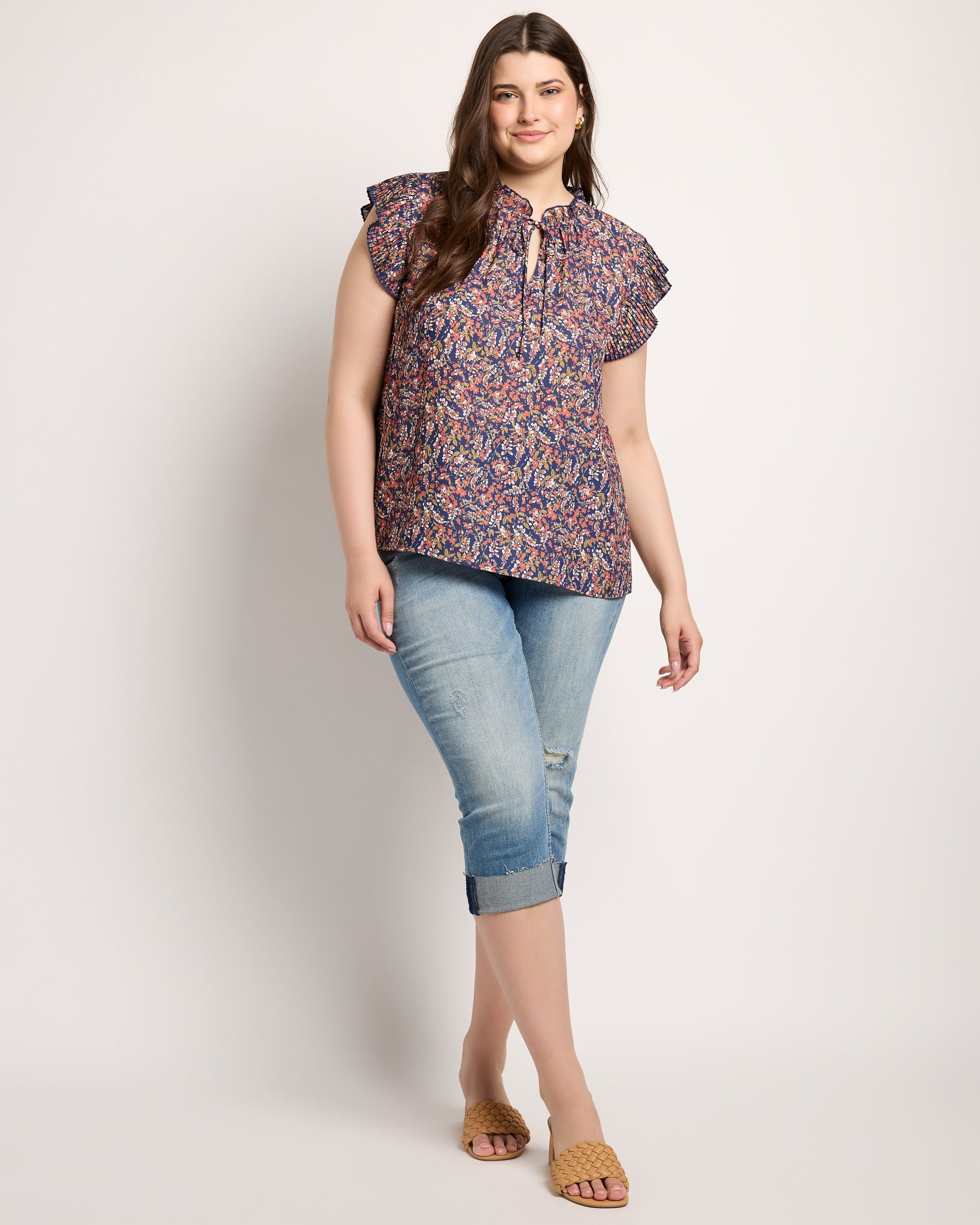 Navy $|& VOY Los Angeles Floral Pleated Sleeve Top with Tie - UGC On Fig