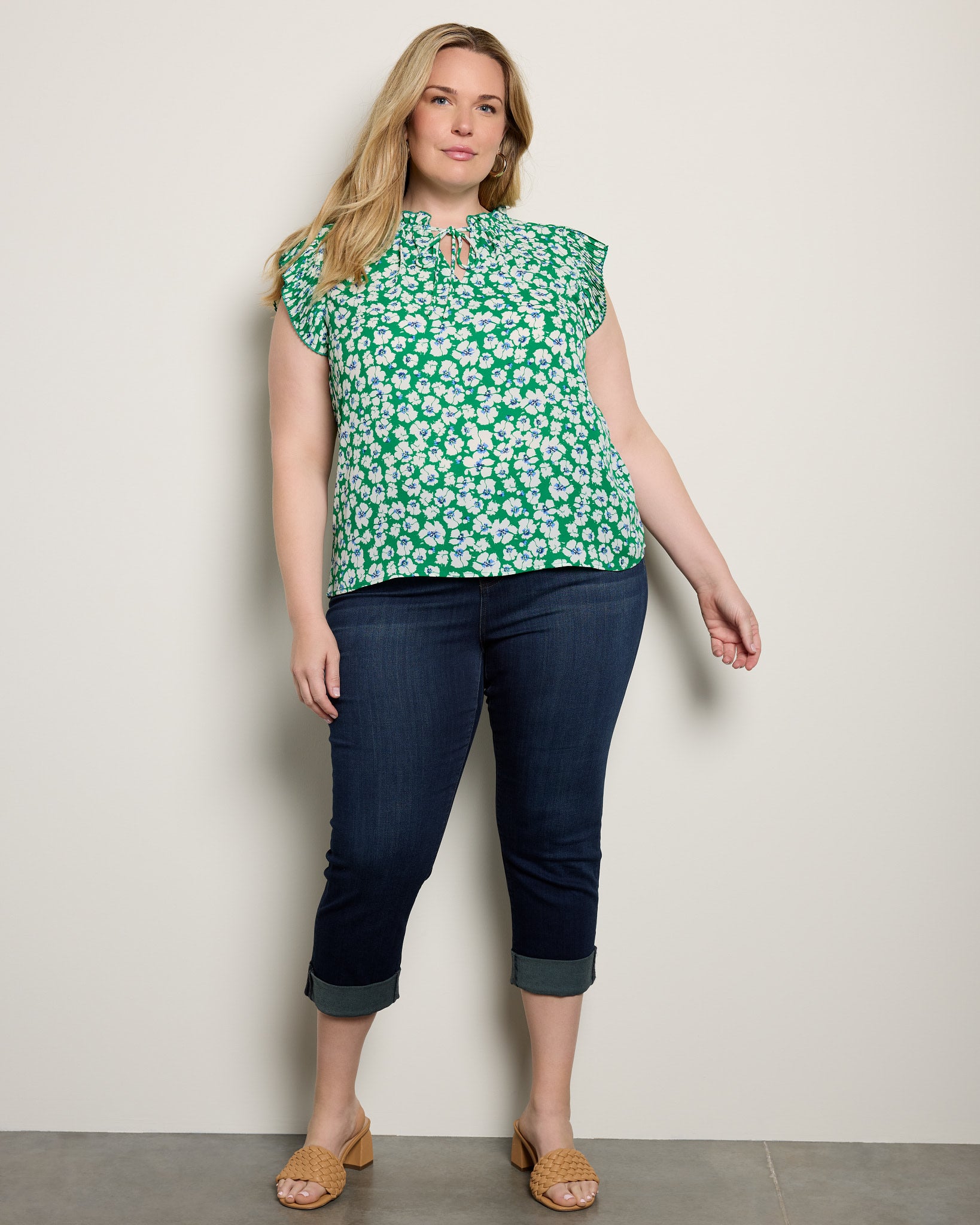 Green $|& VOY Los Angeles Floral Pleated Sleeve Top with Tie - UGC On Fig