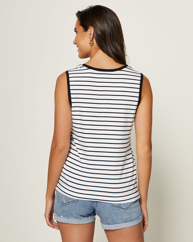 White and Black Stripe $|& Liverpool Miter Front S/L Scoop Neck Knit Top - SOF Back