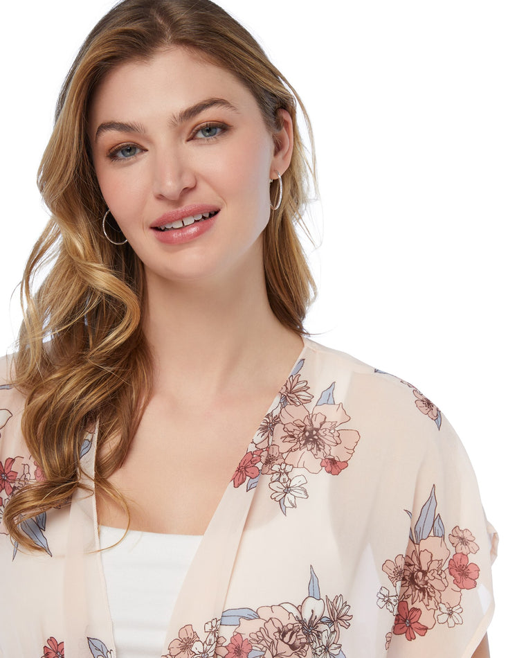 Taupe Denim Floral $|& Bobeau Drape Front Midi Kimono - SOF Detail