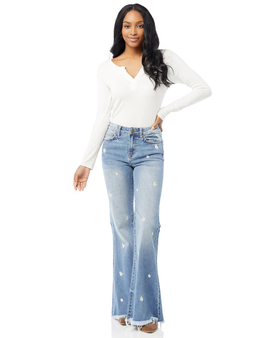 Daisy in the Air Blue $|& Mica Denim High Rise Super Flare with Embroidery - SOF Full Front
