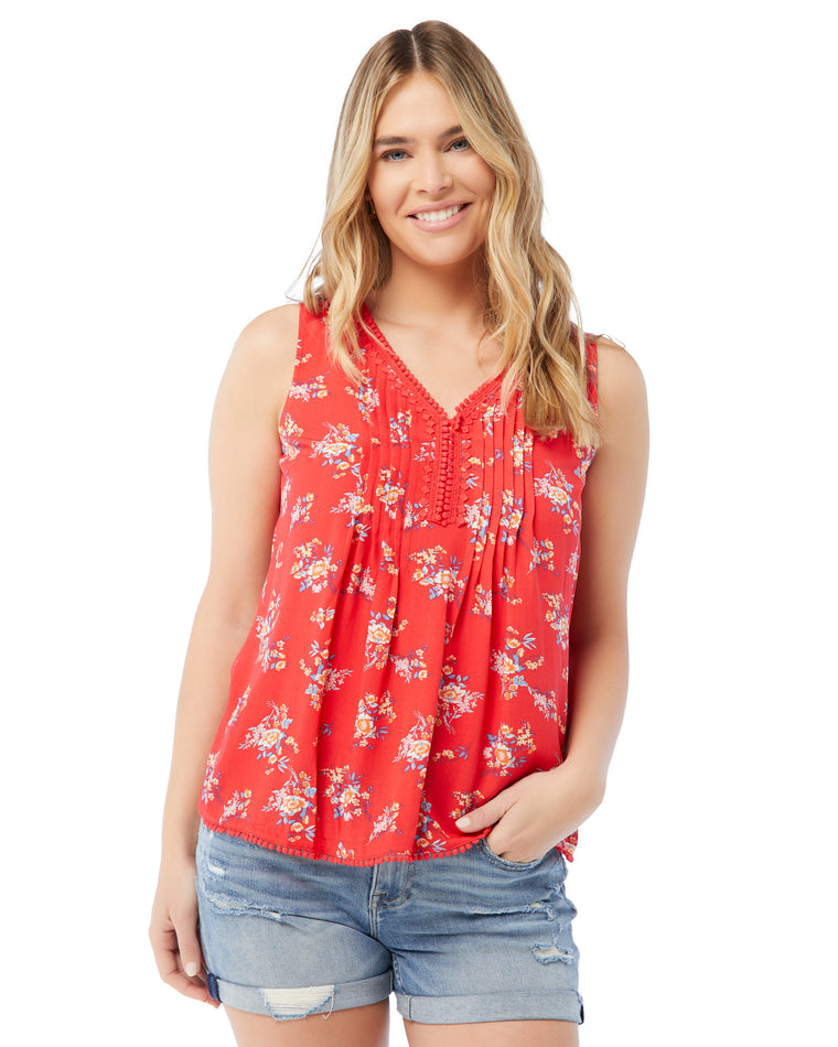 Coral/Red $|& Skies Are Blue Flower Print Trim Detail Blouse - SOF Front