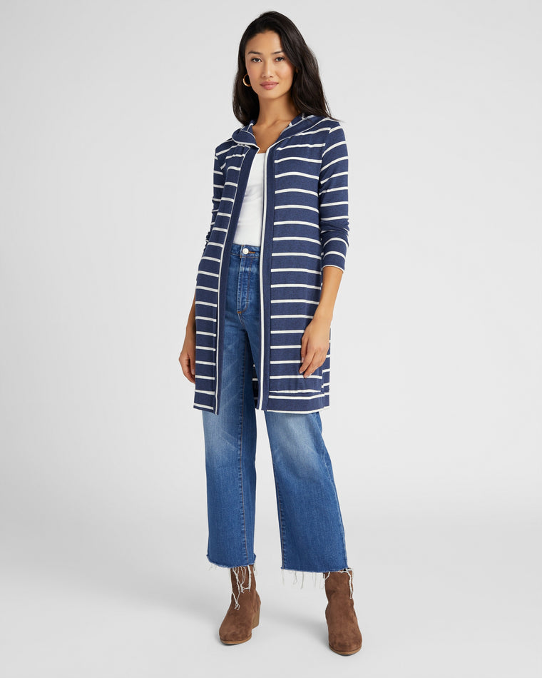Navy/White $|& W. by Wantable Intermingle Stripe Hooded Cardigan - SOF Full Front