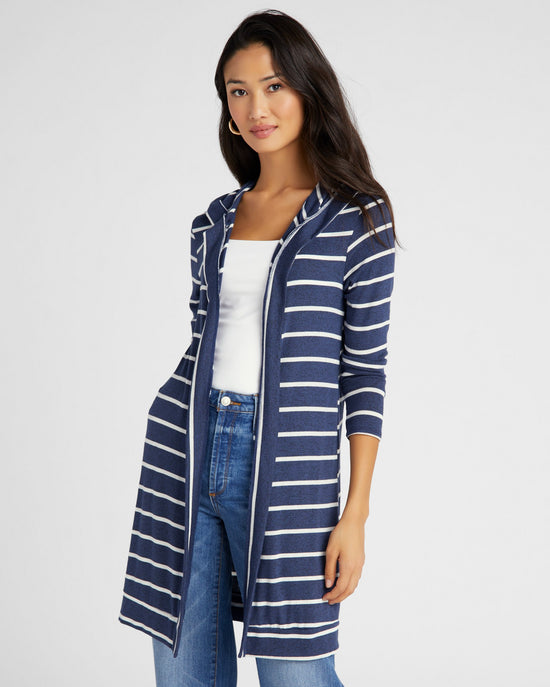 Navy/White $|& W. by Wantable Intermingle Stripe Hooded Cardigan - SOF Front
