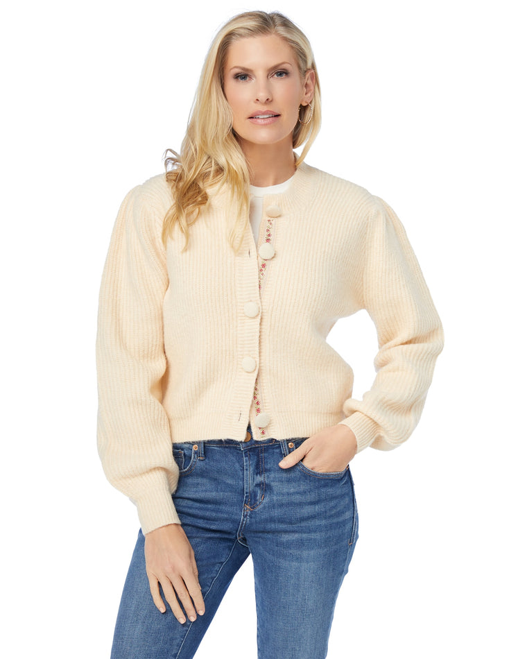 Cream $|& Crescent Lisa Chunky Ribbed Cardigan with Jacquard Trim - SOF Front