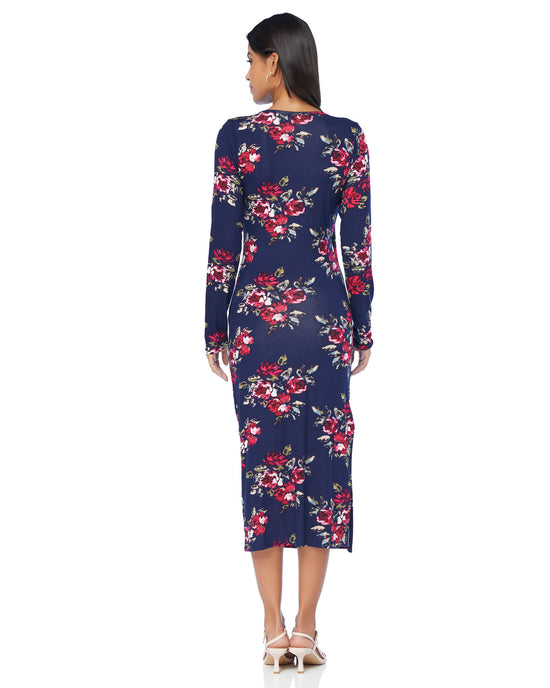 Navy/Burgundy Floral $|& Loveappella Ruched Wrap Midi Dress - SOF Back
