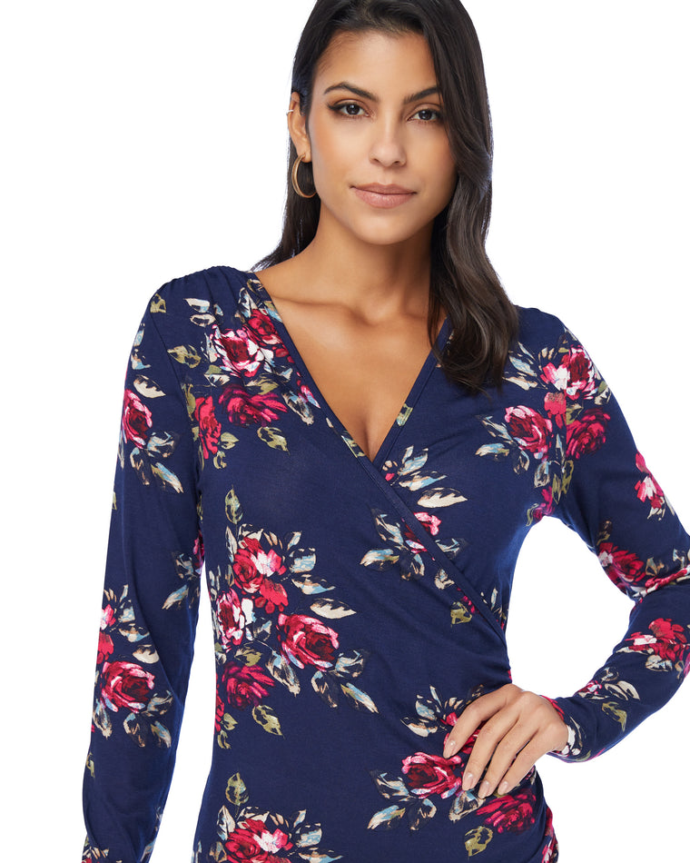 Navy/Burgundy Floral $|& Loveappella Ruched Wrap Midi Dress - SOF Detail