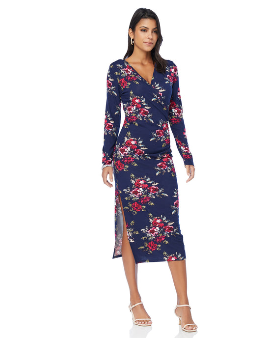 Navy/Burgundy Floral $|& Loveappella Ruched Wrap Midi Dress - SOF Front