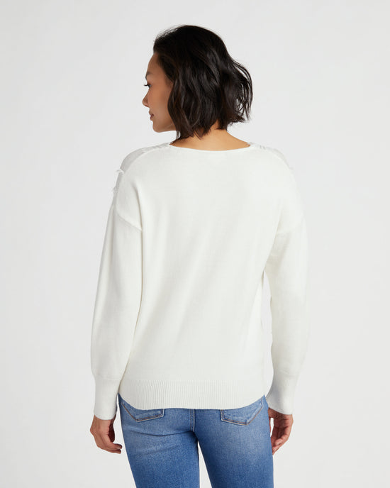 Ivory $|& Hem & Thread Eyelash Trim Lace V-Neck Sweater - SOF Back