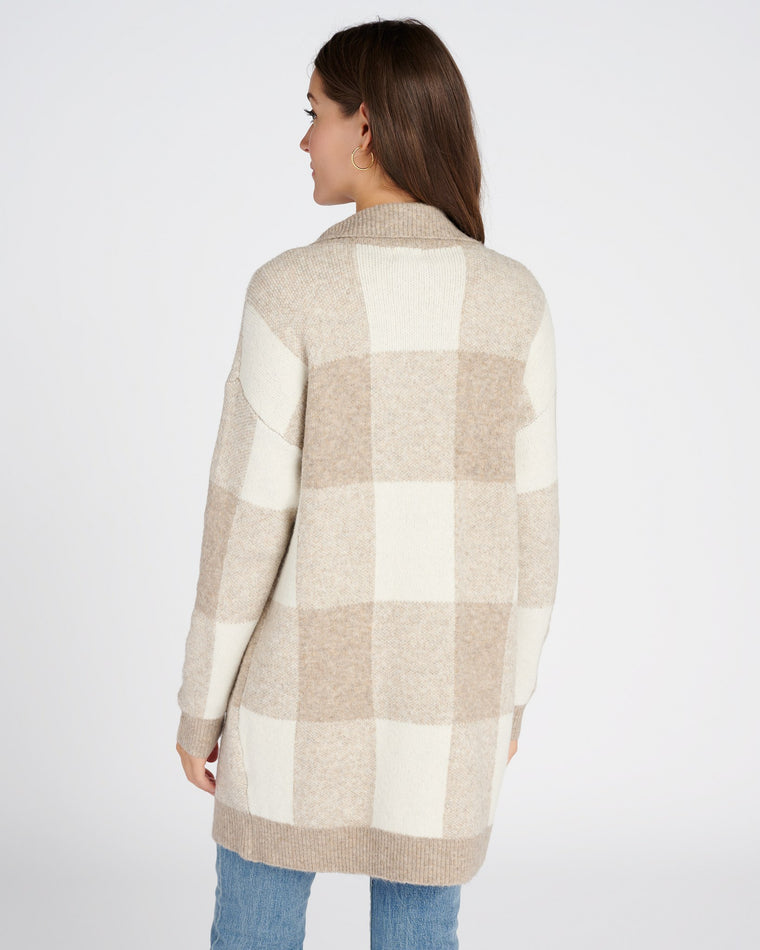 Taupe $|& Dreamers Buffalo Plaid Sweater Cardigan with Pockets - SOF Back