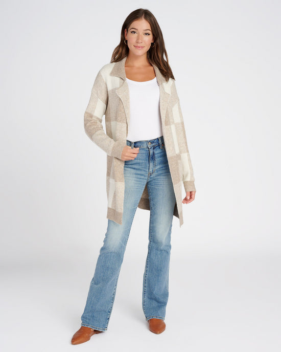 Taupe $|& Dreamers Buffalo Plaid Sweater Cardigan with Pockets - SOF Front