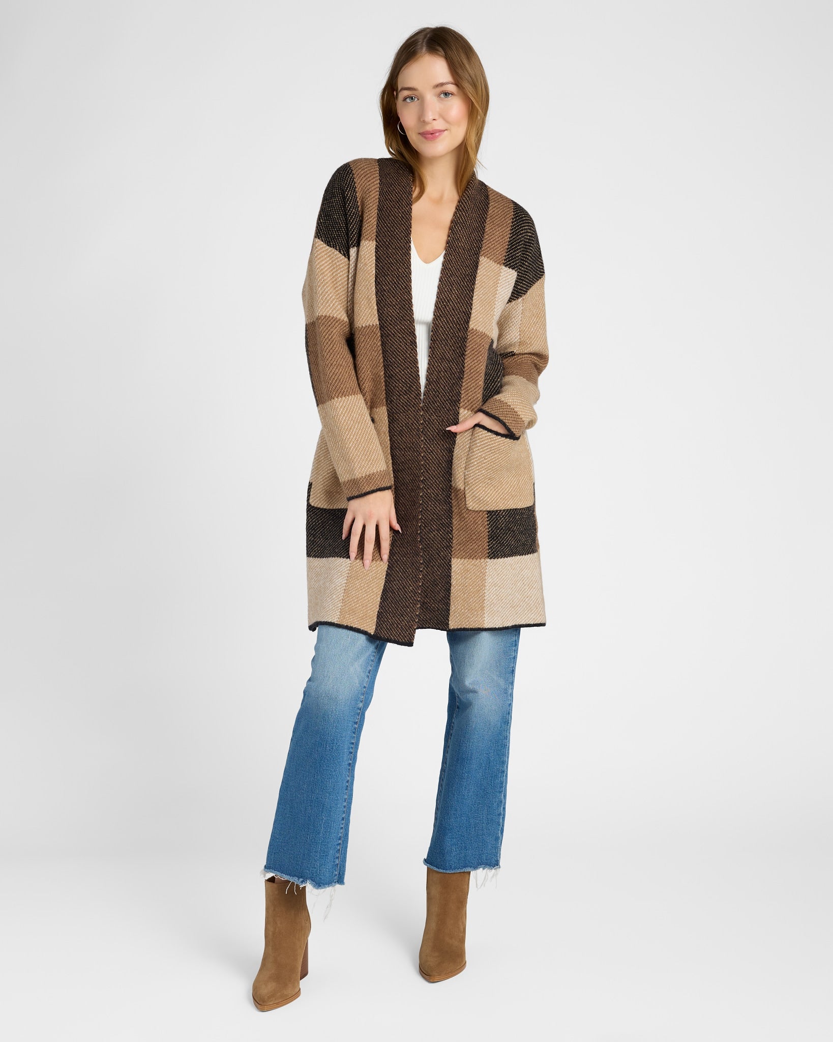 Camel $|& Dreamers Multi Plaid Sweater Cardigan with Pockets - SOF Full Front