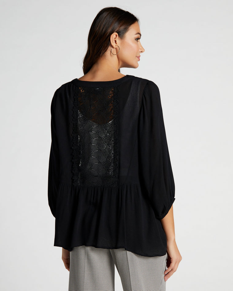 Black $|& Cozy CO 3/4 Sleeve Kimono with Crochet Lace Detail - SOF Back