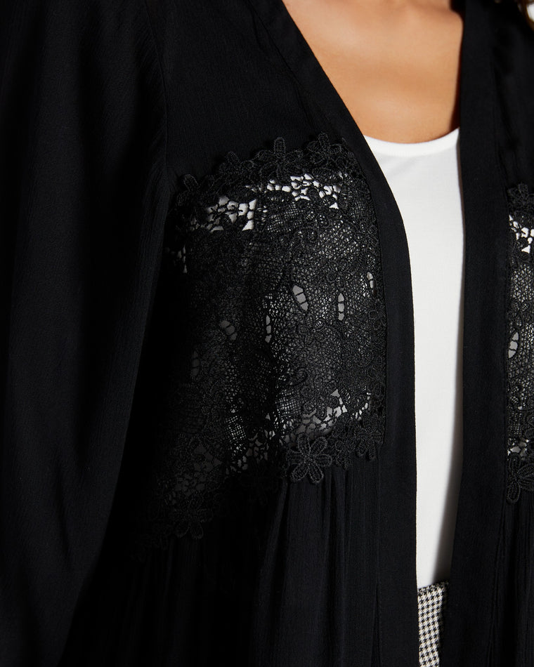 Black $|& Cozy CO 3/4 Sleeve Kimono with Crochet Lace Detail - SOF Detail