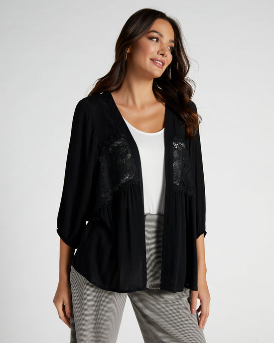 Black $|& Cozy CO 3/4 Sleeve Kimono with Crochet Lace Detail - SOF Front