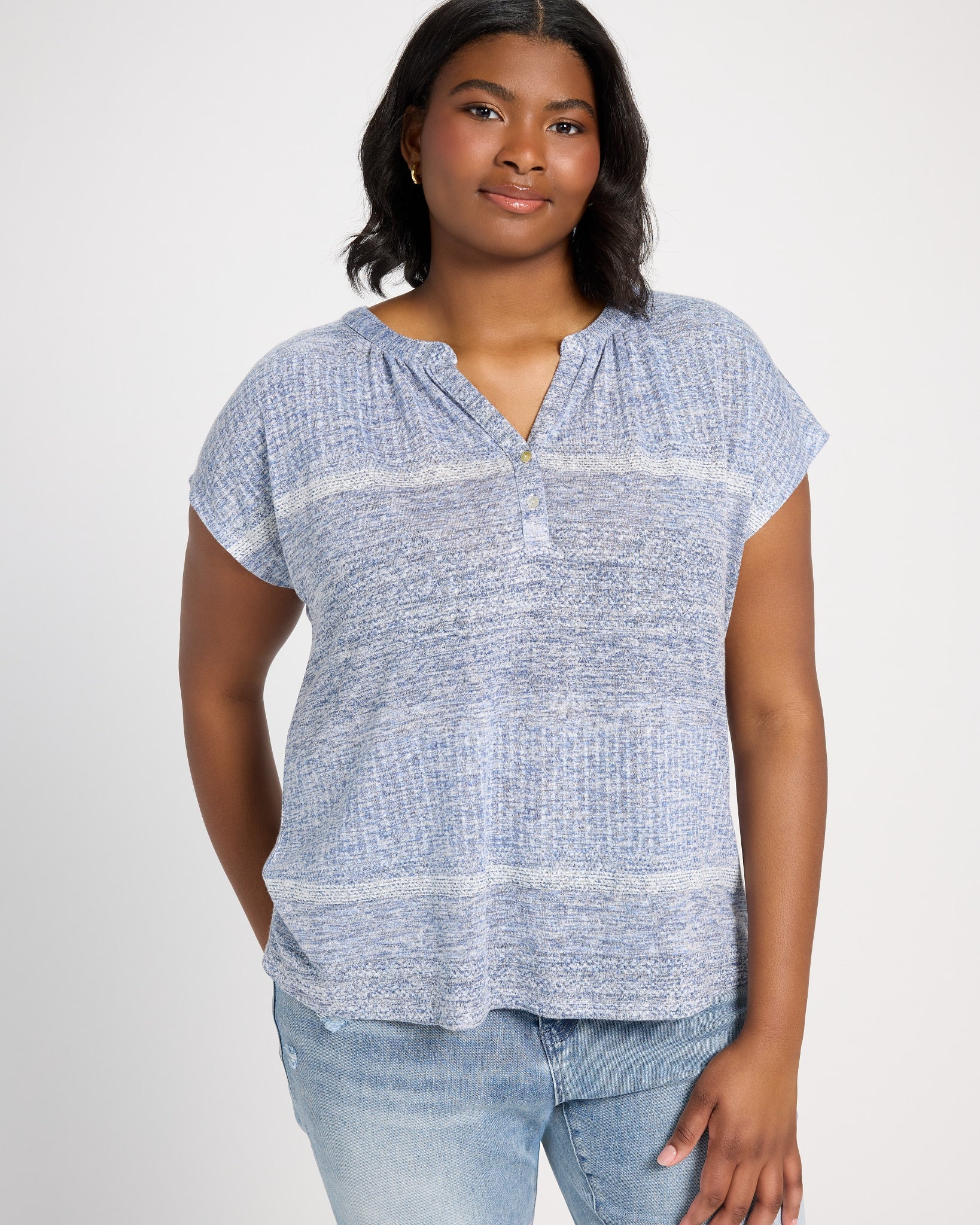 Blue Combo $|& Bobeau Striped Caty Button Up Top - SOF Front