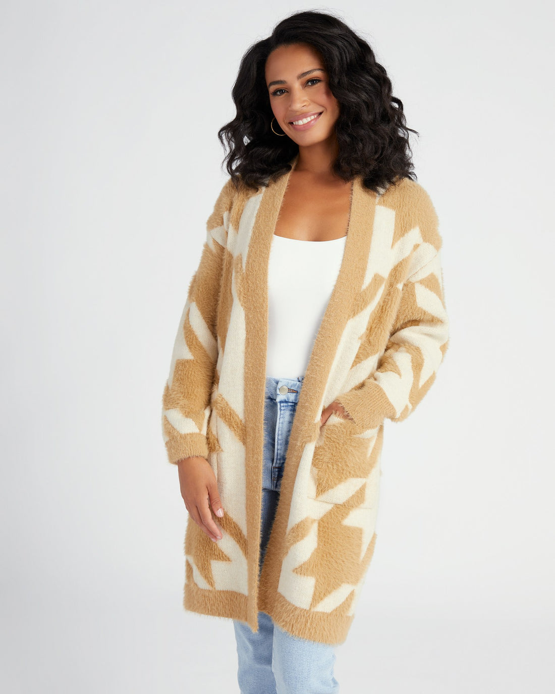 Woven Right Houndstooth Open Front Longline Cardigan main image 1