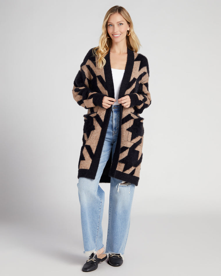 Coffee Black $|& Lush Houndstooth Long Cardigan - SOF Full Front