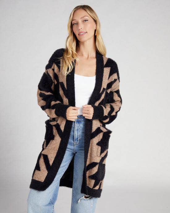 Coffee Black $|& Lush Houndstooth Long Cardigan - SOF Front
