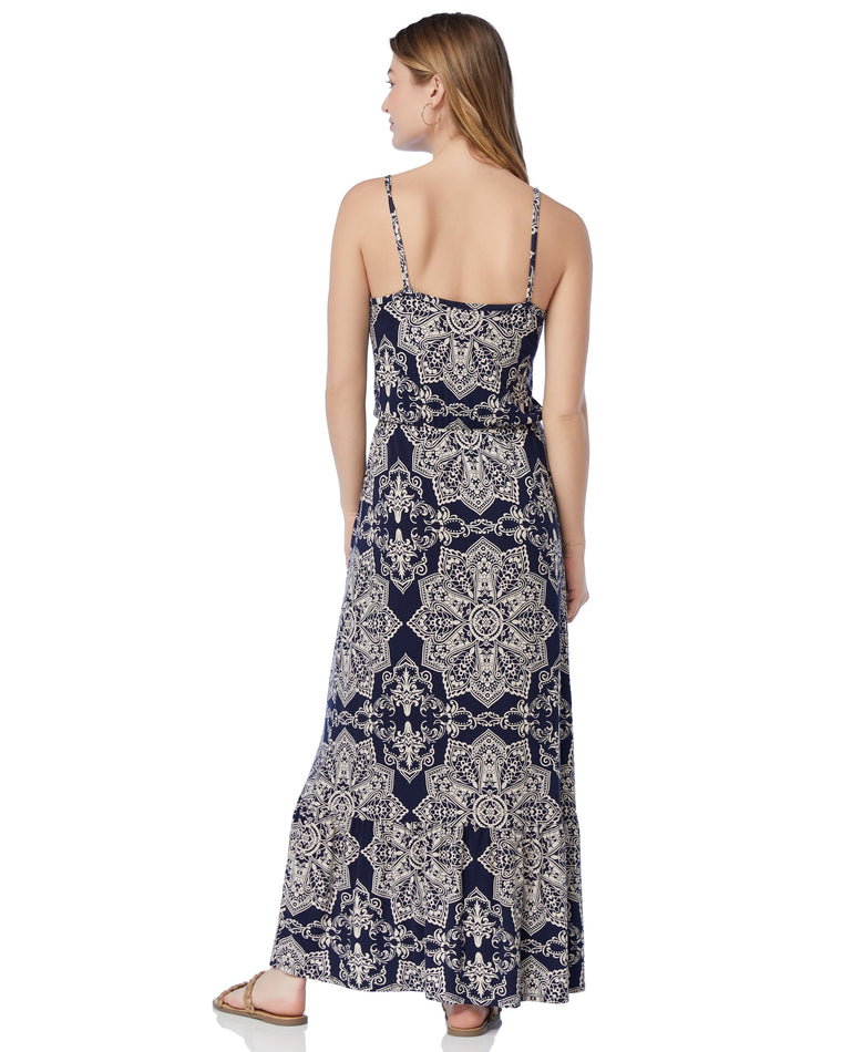 Navy Beige Print $|& Loveappella Tie-Front Maxi Dress - SOF Back