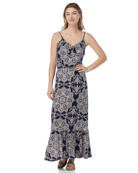 Navy Beige Print $|& Loveappella Tie-Front Maxi Dress - SOF Front