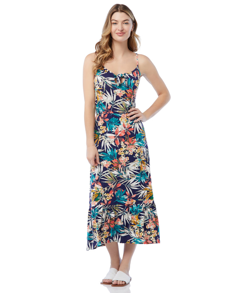 Navy Coral Print $|& Loveappella Tie-Front Maxi Dress - SOF Front