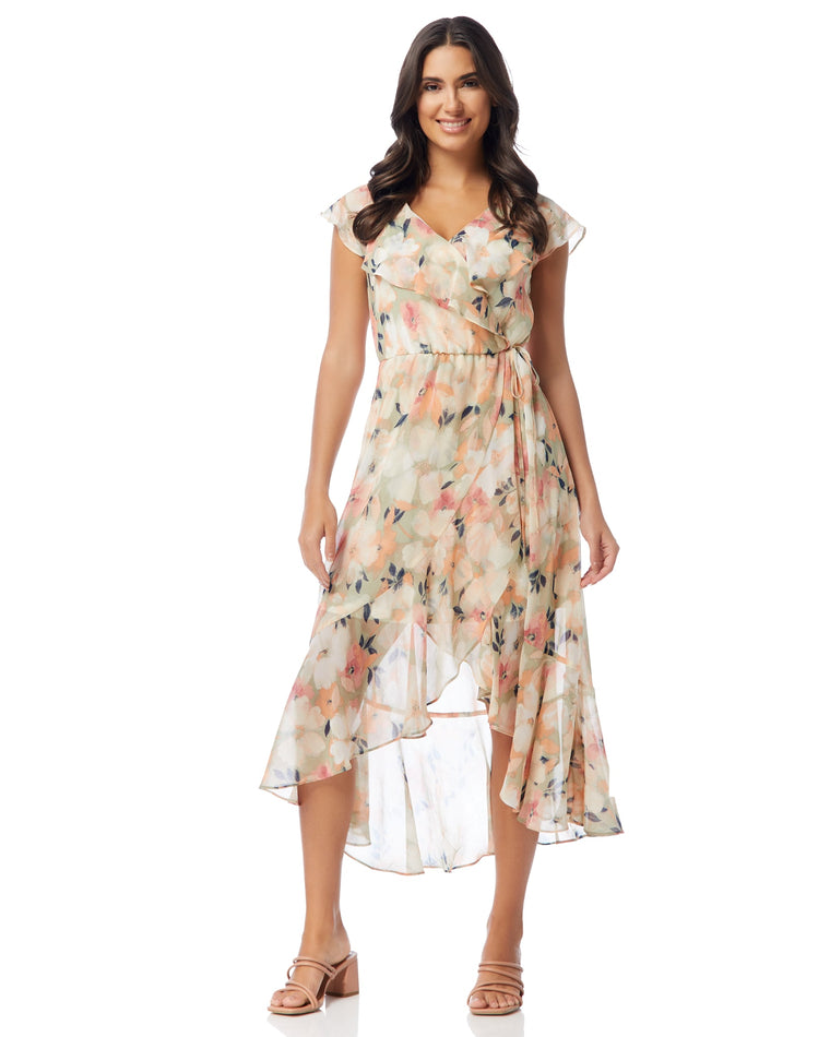 Mint $|& Apricot Blurred Floral Ruffle Wrap Dress - SOF Front