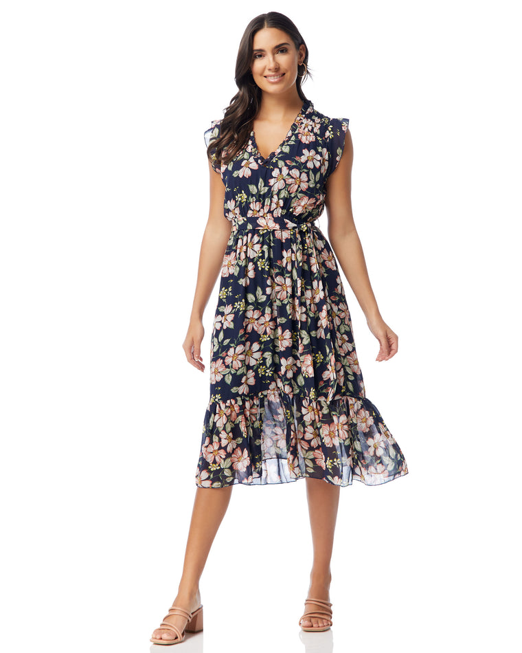 Navy $|& Apricot Smock Det Soft Floral Midi Dress - SOF Front