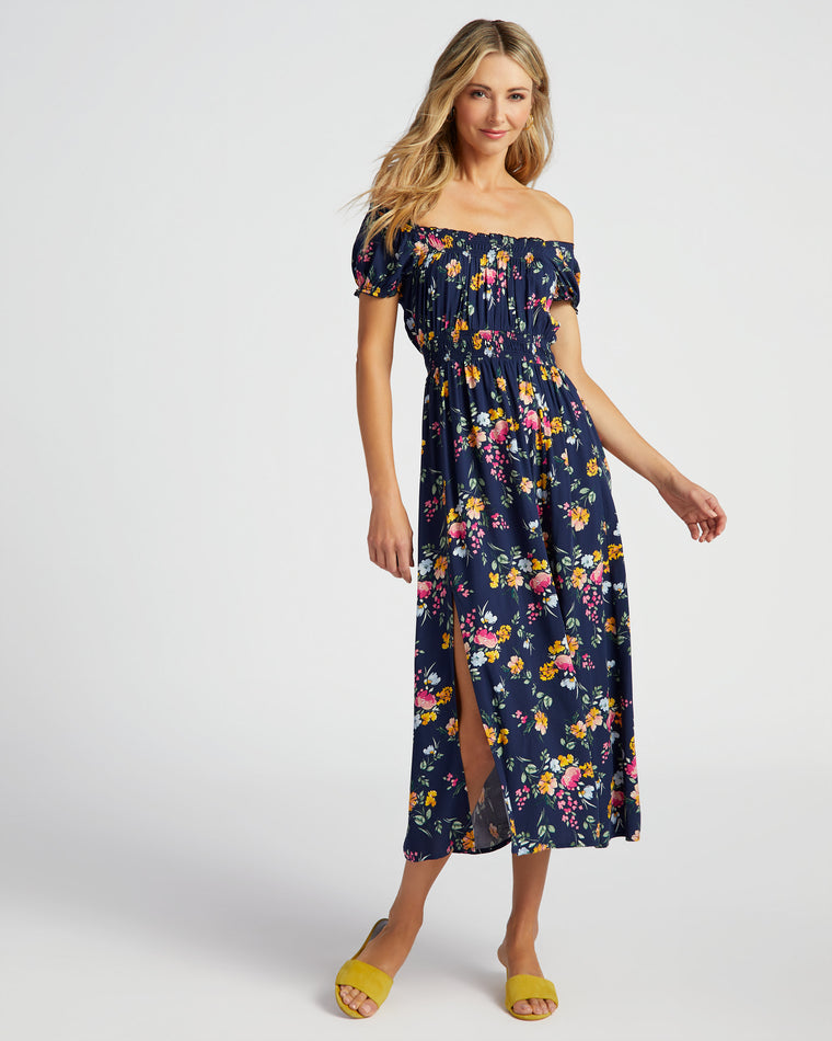 Navy $|& Apricot Bright Floral Midi Dress - SOF Front