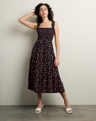 Navy $|& Apricot Watercolor Rose Slub Midi Dress - SOF Front
