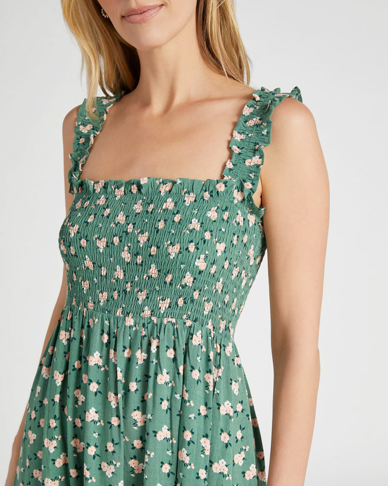 Green $|& Apricot Watercolour Rose Slub Midi Dress - SOF Detail