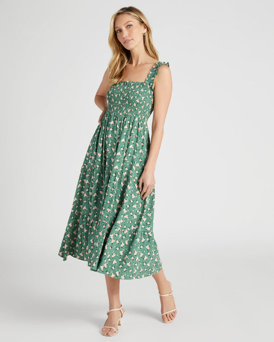 Green $|& Apricot Watercolour Rose Slub Midi Dress - SOF Front