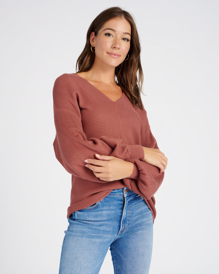 Terra Earth Rust $|& 1. State Ribbed Knit Bubble Sleeve Sweater - SOF Front