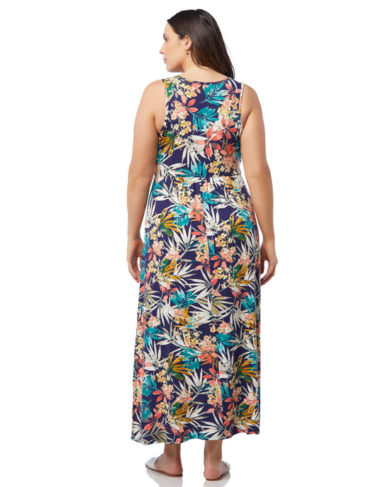 Navy Palm Print $|& Loveappella Floral Print V-Neck Maxi Dress - SOF Back