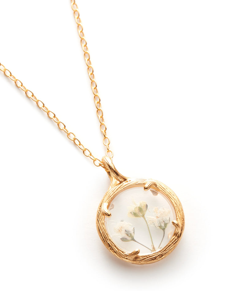 Gold/White Baby's Breath $|& Catherine Weitzman Handmade Jewelry Mini Botanical Necklace - Hanger Detail