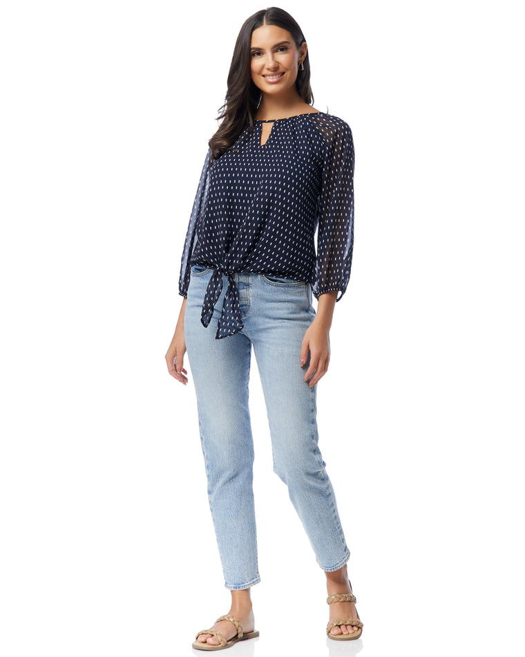 Chiffon Navy $|& West Kei Printed Woven 3/4 Sleeve Tie Front Top - SOF Full Front