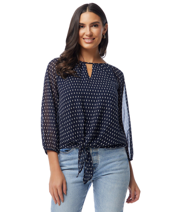Chiffon Navy $|& West Kei Printed Woven 3/4 Sleeve Tie Front Top - SOF Front
