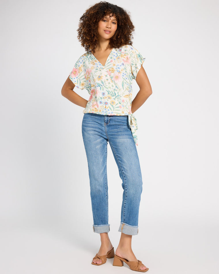 Ivory Floral Multi $|& West Kei Floral Woven Short Sleeve Surplice Top - UGC On Fig