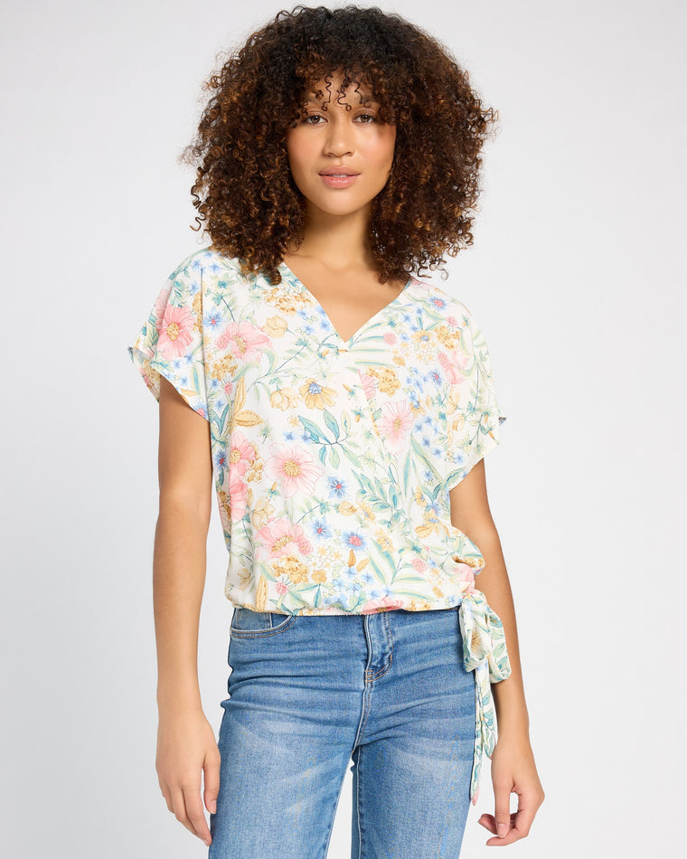Ivory Floral Multi $|& West Kei Floral Woven Short Sleeve Surplice Top - SOF Front