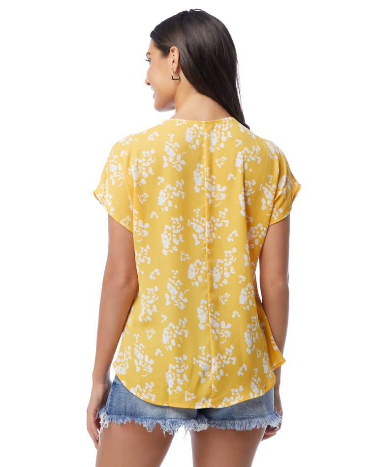 Yellow Floral $|& West Kei Floral Woven Short Sleeve Twist Front Top - SOF Back