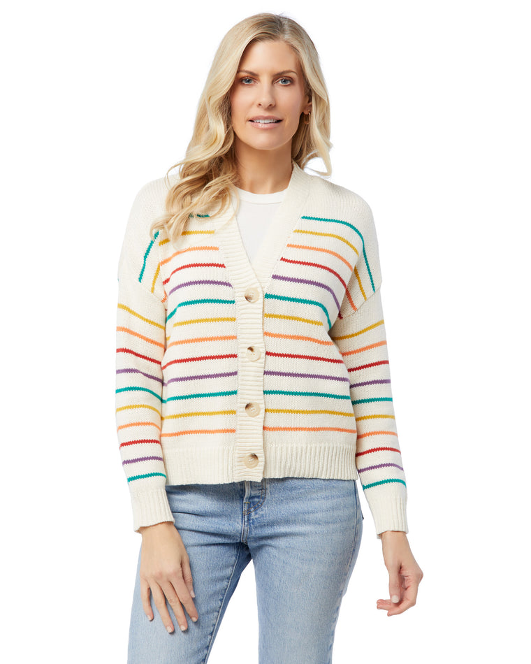 Multi $|& ACOA Striped Sweater Knit Cardigan - SOF Front