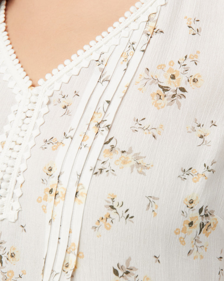 White/Yellow $|& Skies Are Blue Flower Print Trim Detail Blouse - SOF Detail