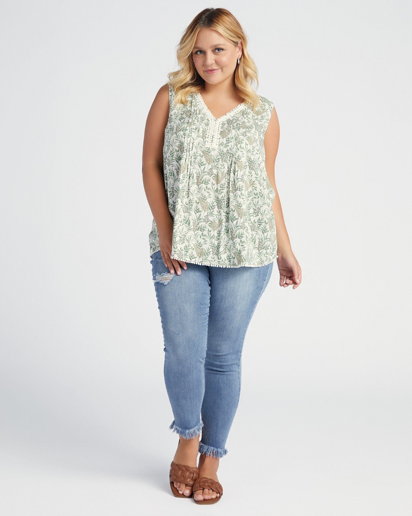Ivory-Sage $|& Skies Are Blue Flower Print Trim Detail Blouse - SOF Full Front