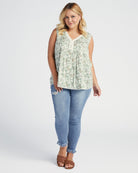 Ivory-Sage $|& Skies Are Blue Flower Print Trim Detail Blouse - SOF Full Front