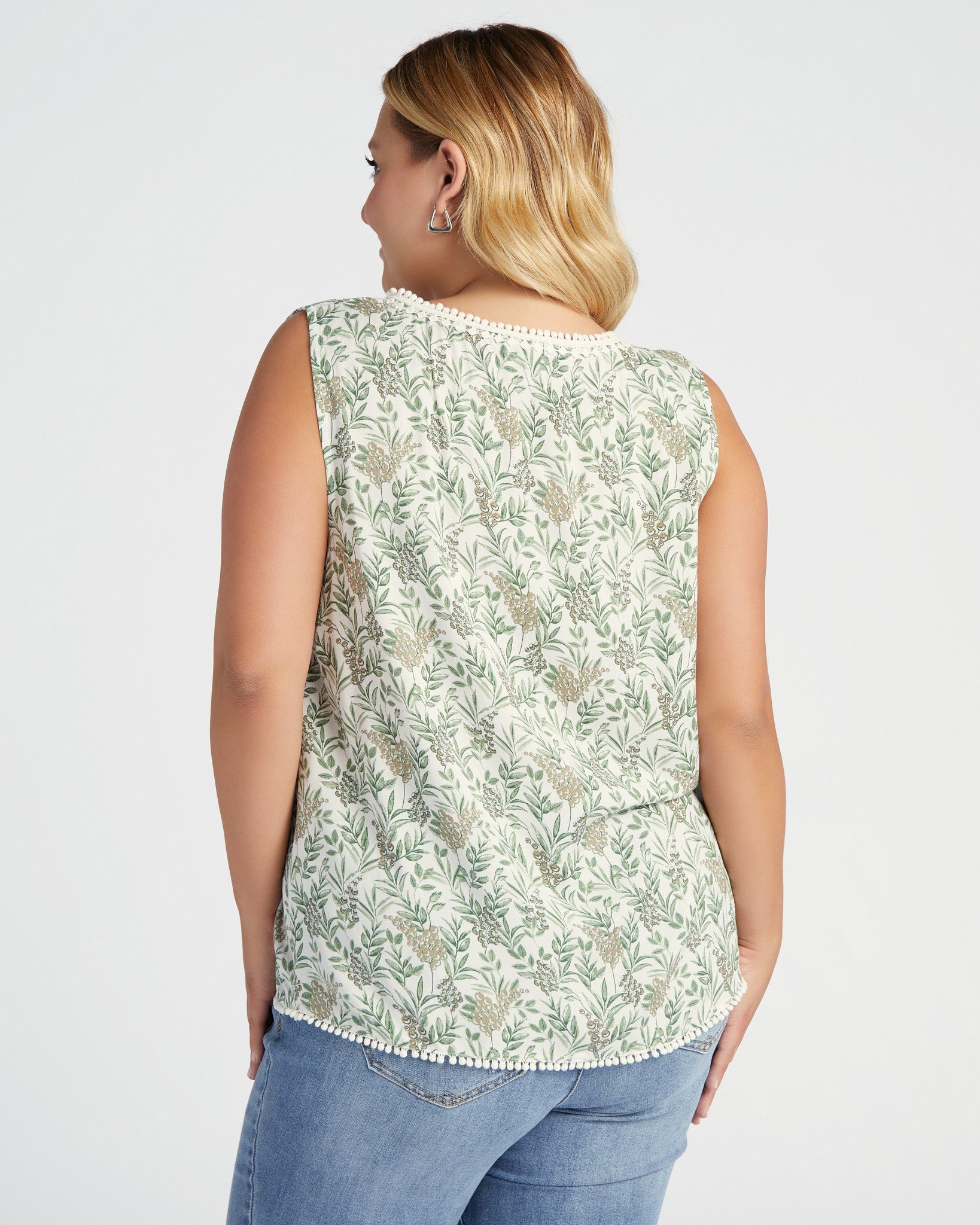 Ivory-Sage $|& Skies Are Blue Flower Print Trim Detail Blouse - SOF Back