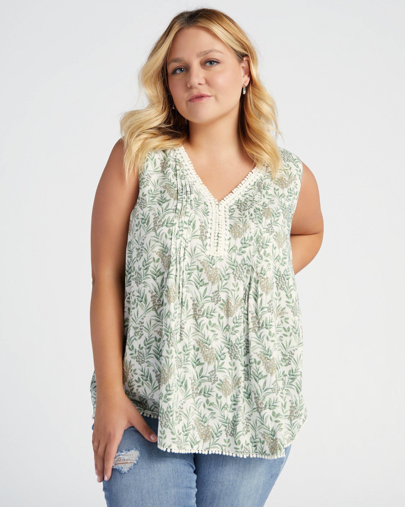 Ivory-Sage $|& Skies Are Blue Flower Print Trim Detail Blouse - SOF Front