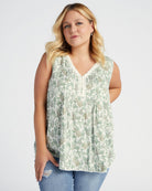 Ivory-Sage $|& Skies Are Blue Flower Print Trim Detail Blouse - SOF Front