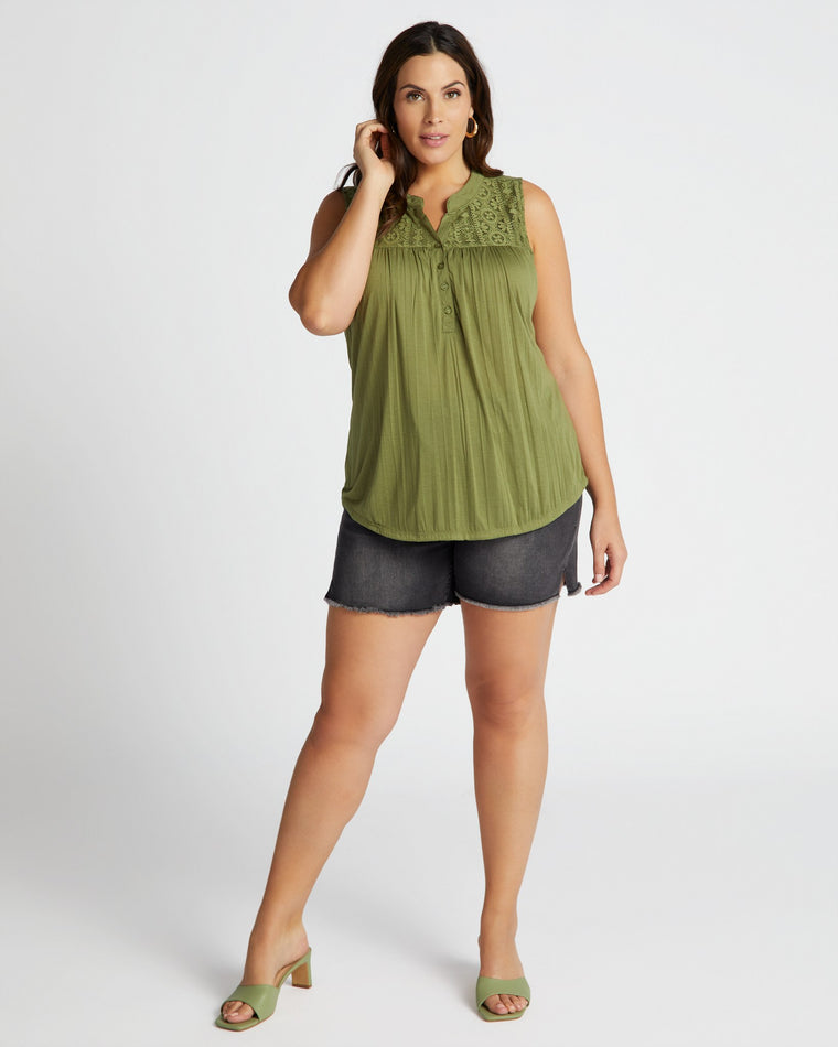 Loden Green $|& By Design S/L Crinkle Top withCrochet Neckline - SOF Full Front