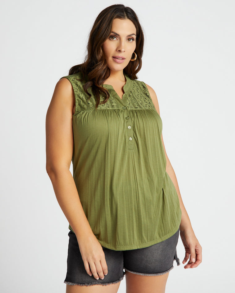 Loden Green $|& By Design S/L Crinkle Top withCrochet Neckline - SOF Front