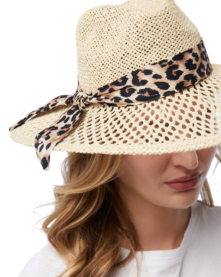 Natural $|& CC Beanie Leopard Print Band Panama Hat - SOF Detail